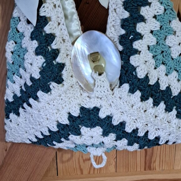 Hand Crafted Crochet Granny Square Three Triangle Cotton Bag Purse Tote - Picture 10 of 13